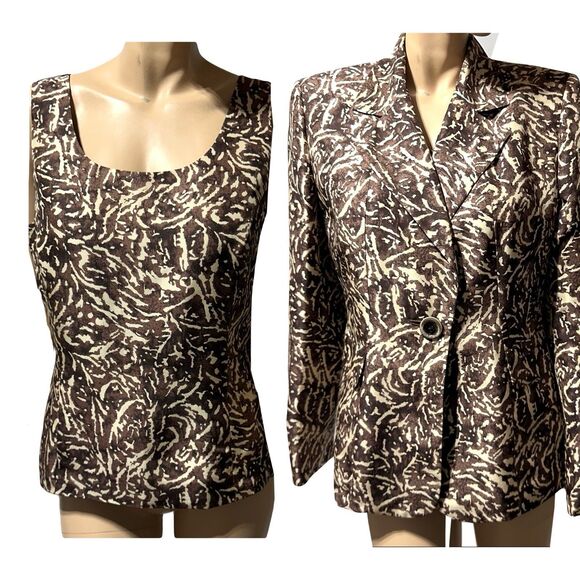 Kasper 100% Silk Twin set Jacket Blazer & Tank Top Size 14 Brown Printed - Picture 1 of 16
